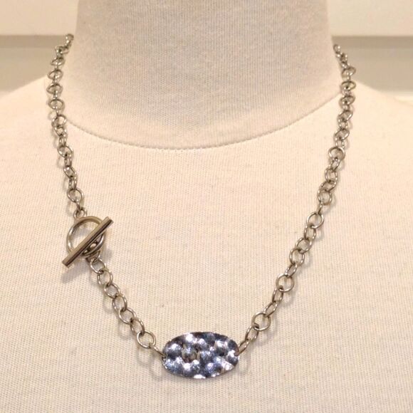 $5 Item! EUC Y2K Chain Necklace with Circle and Bar Clasp and Hammered Tag - Picture 1 of 6